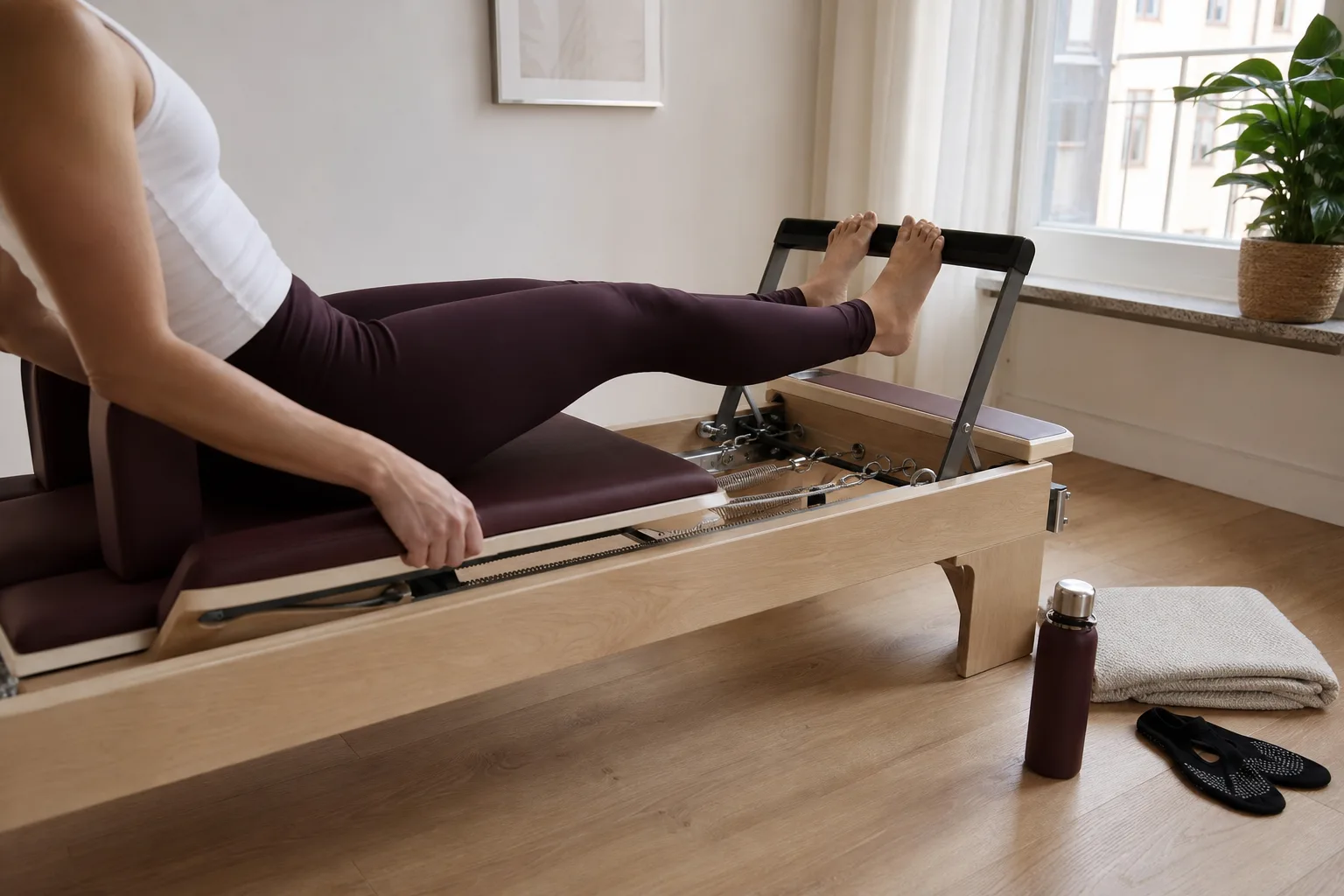 En person tränar rygg och bål på en reformer hemma