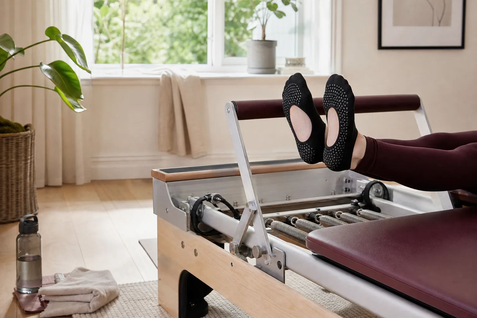 Reformer med vagn, fotstång och remmar i ett ljust träningsrum