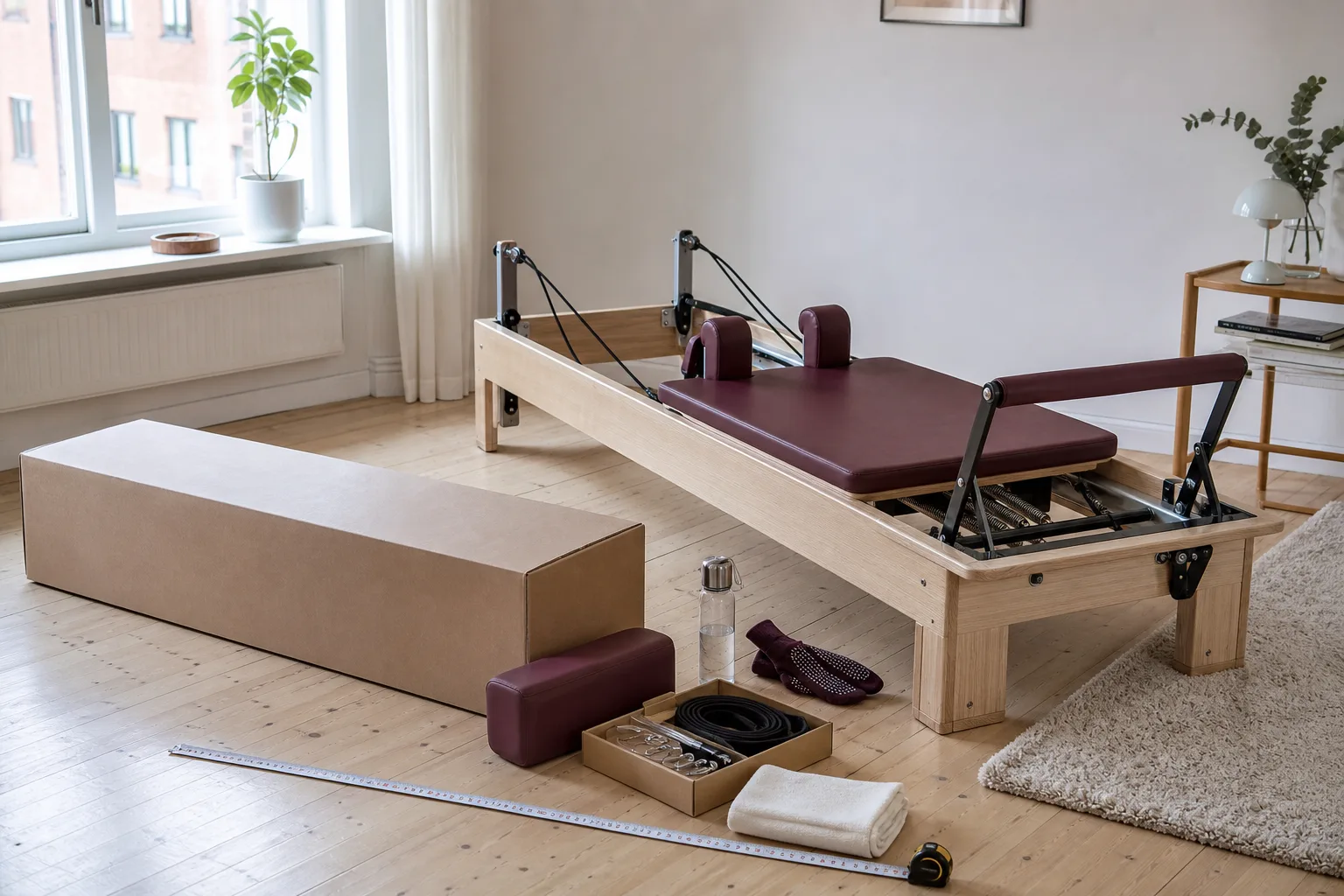 Reformer och tillbehör placerade i ett rum inför hemmaträning