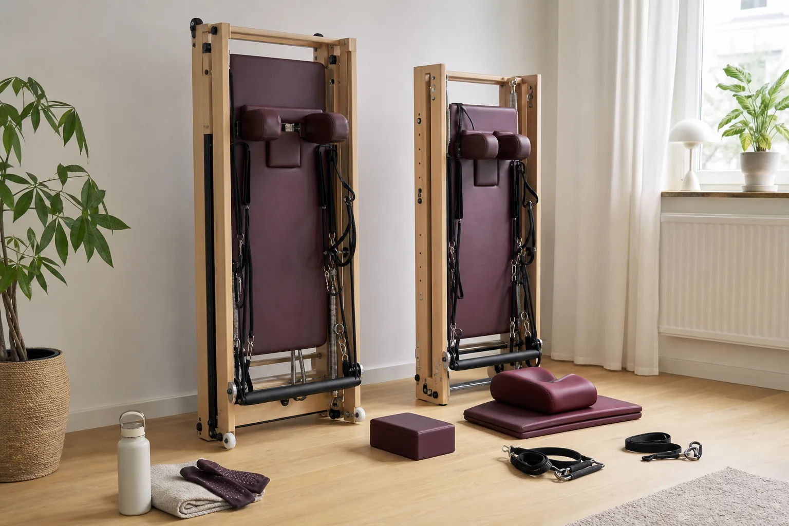 En fast och en hopfällbar reformer bredvid box och hoppbräda