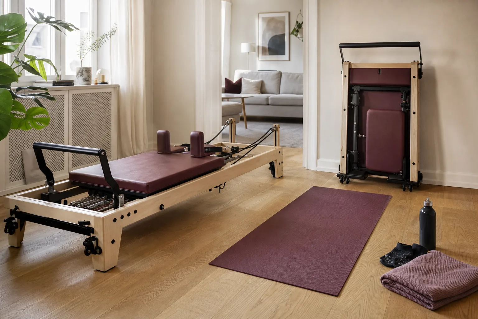 Reformer och utrullad pilatesmatta i ett ljust vardagsrum