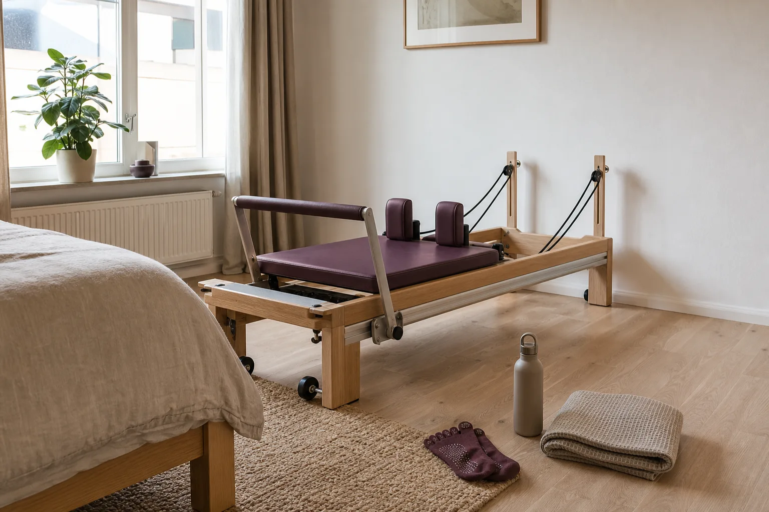 Plats för en reformer och rörelser runt maskinen i ett träningsrum hemma