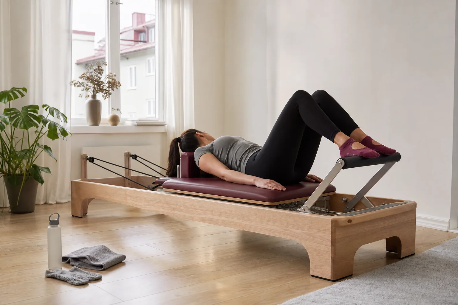 Fotarbete på en reformer med stöd för kroppen på vagnen