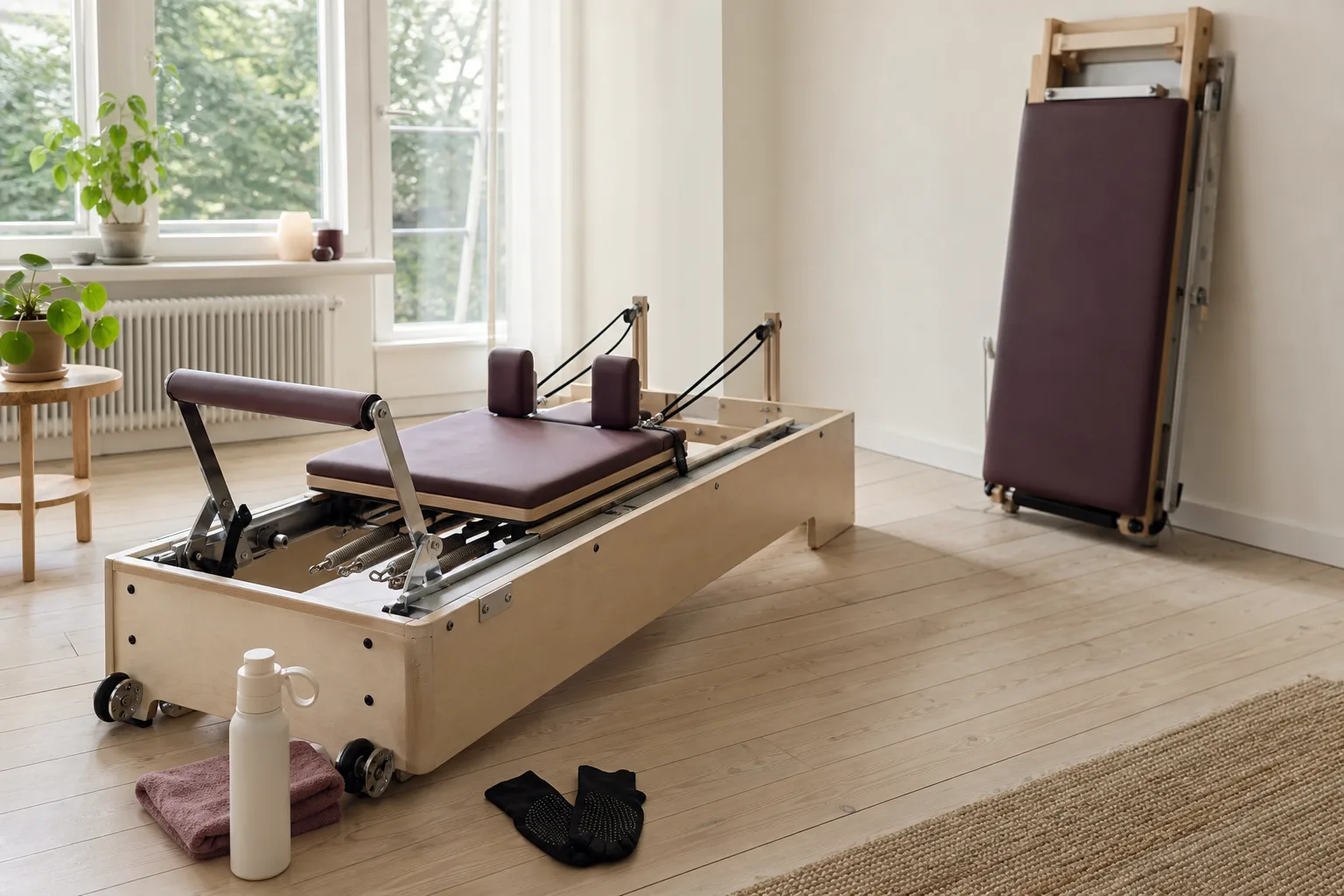 En reformer förberedd för träning med instruktör