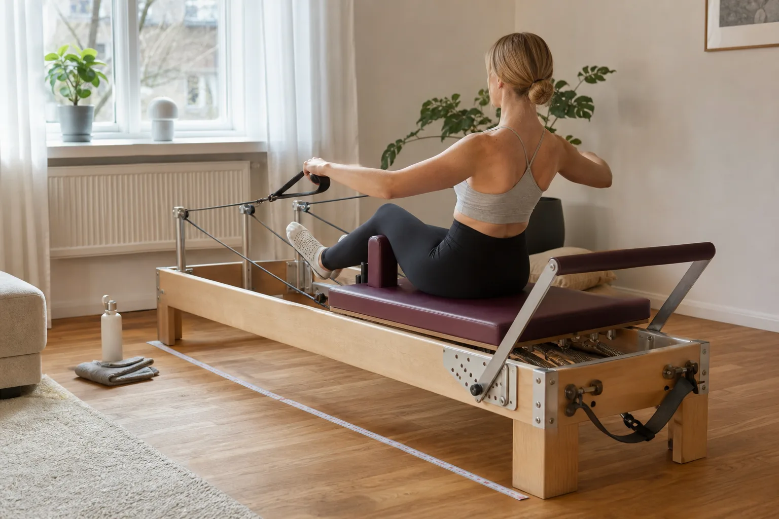 Måttband visar platsen runt en reformer i vardagsrum