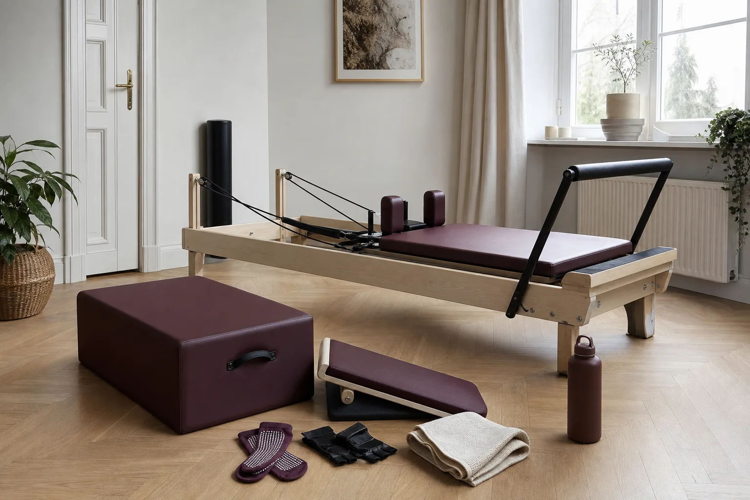 Box, hoppbräda och tillbehör bredvid en reformer