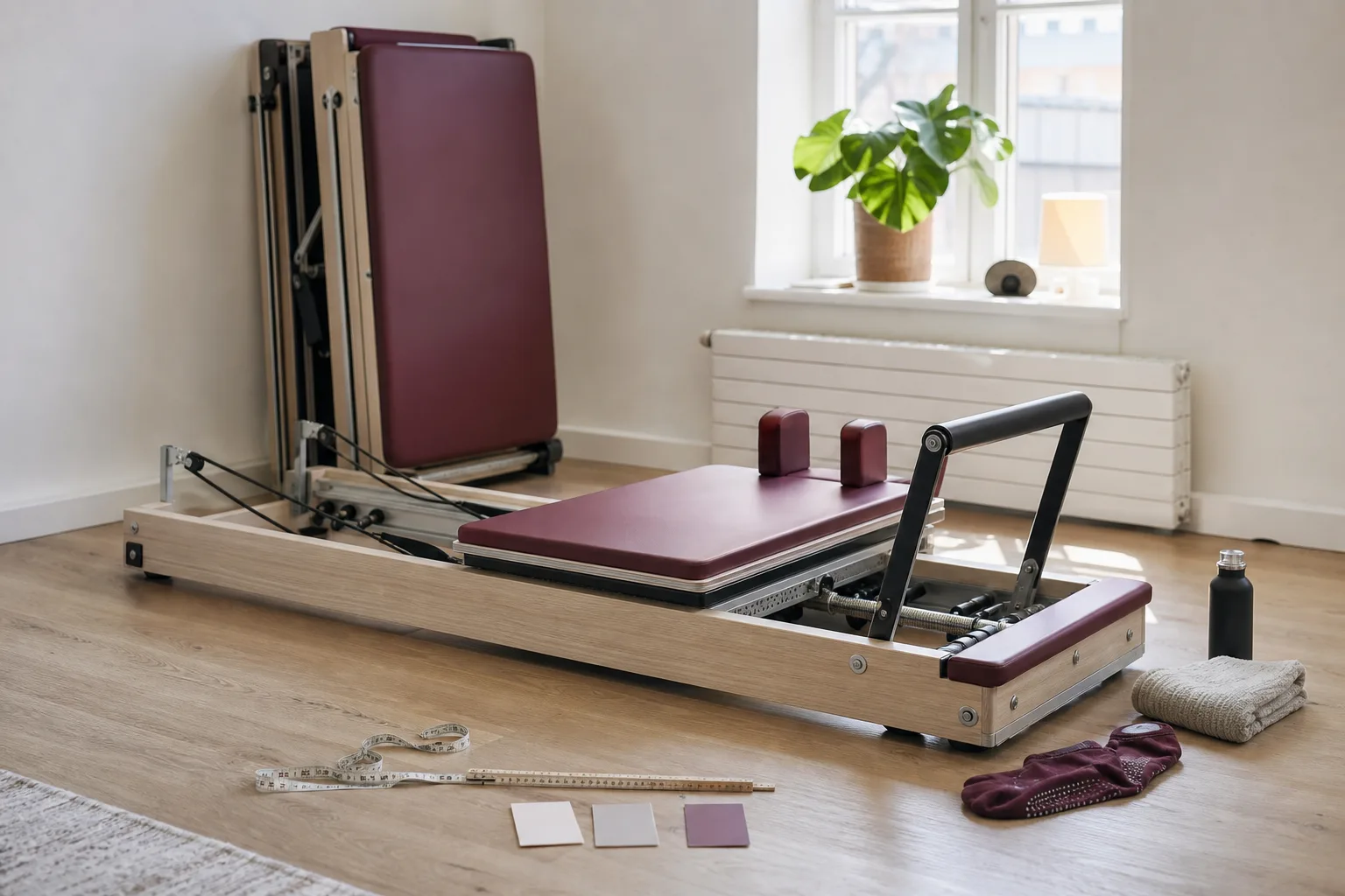 En reformer med måttband i ett rum inför planering av träningsplats
